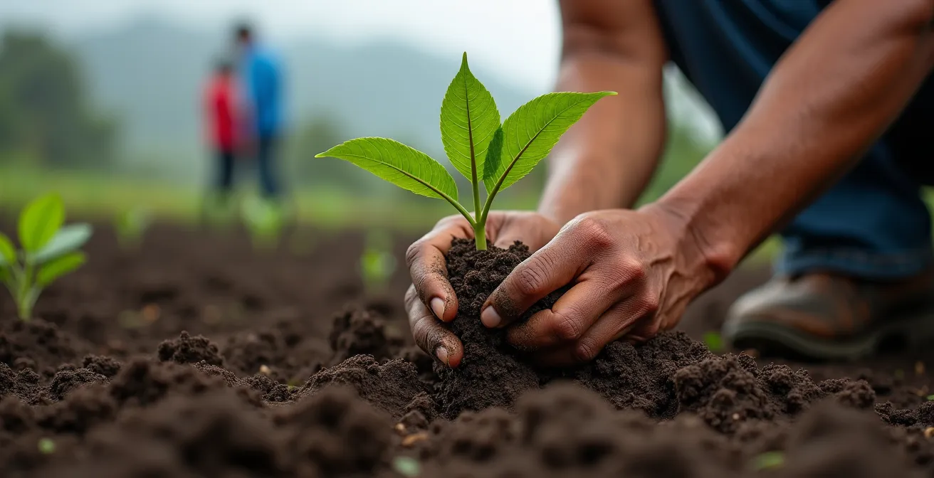 Bénévoles plantant des tamarins des hauts endémiques dans les hauteurs de La Réunion