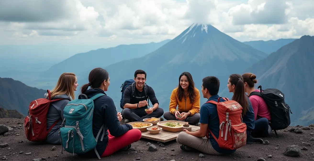 Groupe de randonneurs partageant un repas traditionnel au sommet d'un sentier avec vue sur le cirque de Mafate