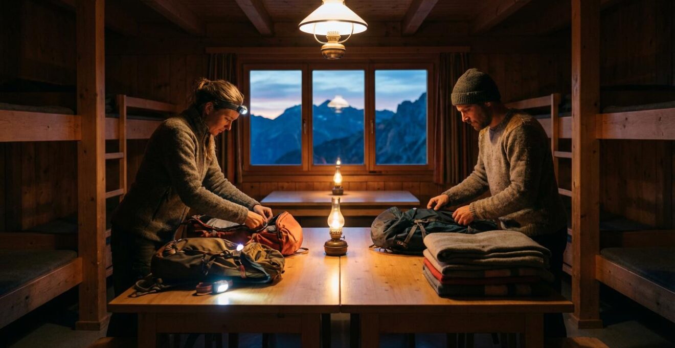 Vue intérieure du refuge de la Caverne Dufour avec randonneurs préparant leur équipement