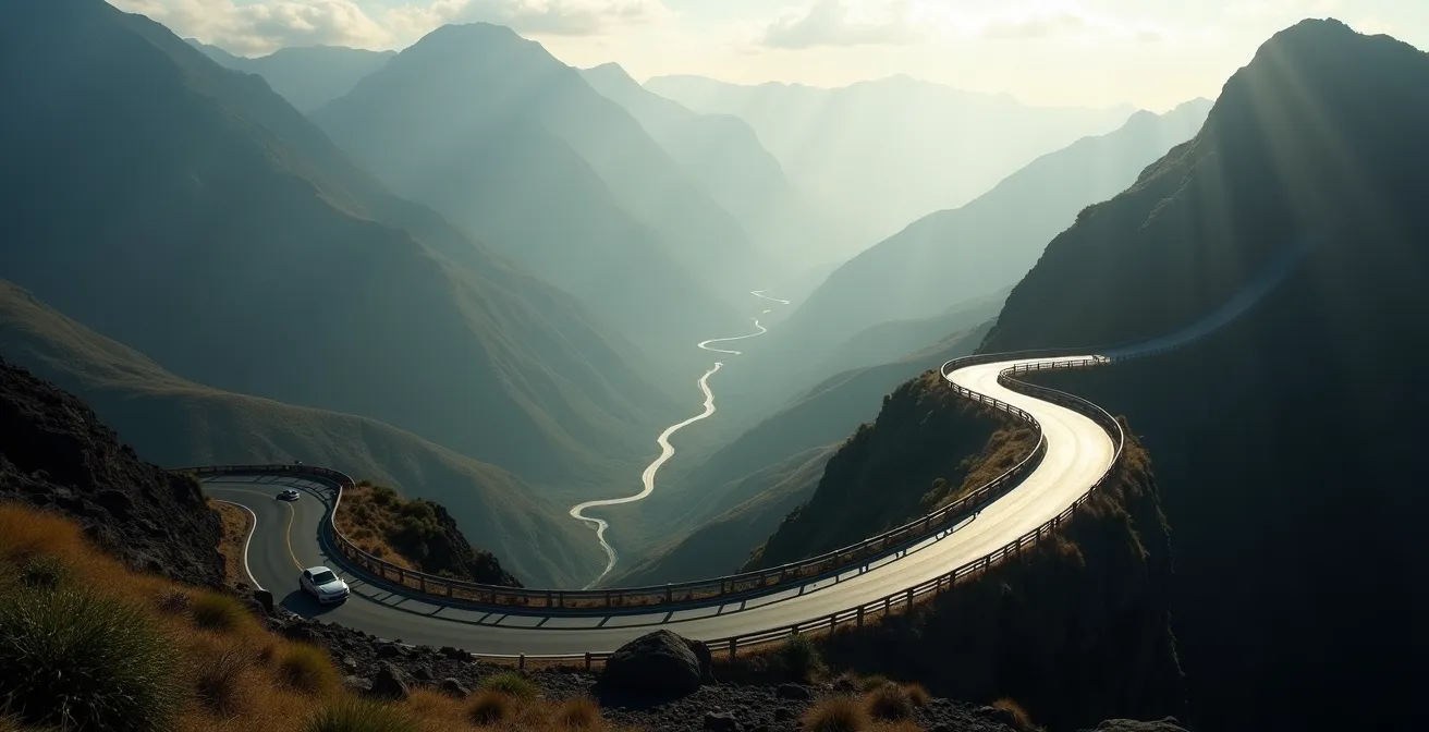 Vue aérienne de la route sinueuse de Cilaos serpentant entre les montagnes embrumées