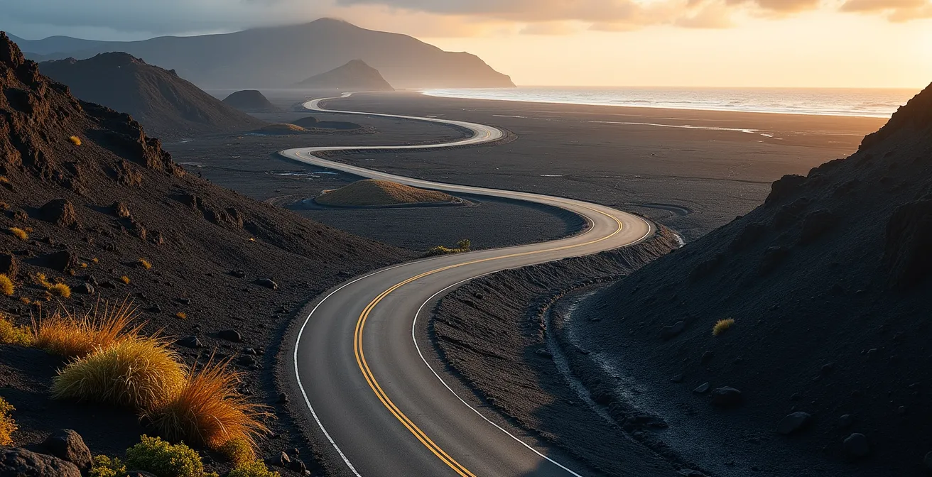 Route serpentant à travers d'anciennes coulées de lave solidifiées avec vue sur l'océan Indien