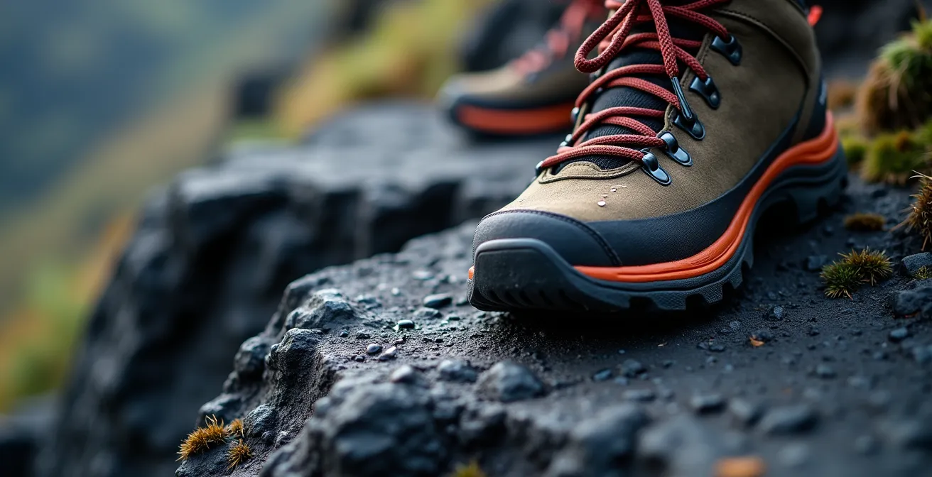 Détail des marches taillées dans le basalte volcanique sur le GR R2