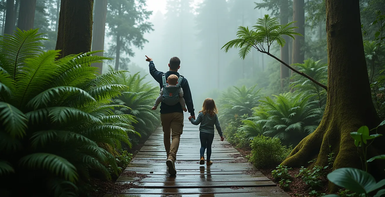Sentier forestier avec passerelles en bois traversant une forêt tropicale brumeuse