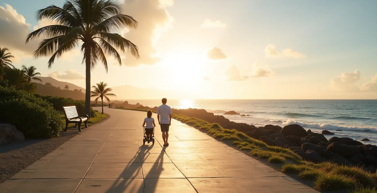 Famille avec poussette sur le sentier littoral de Saint-Pierre face à l'océan