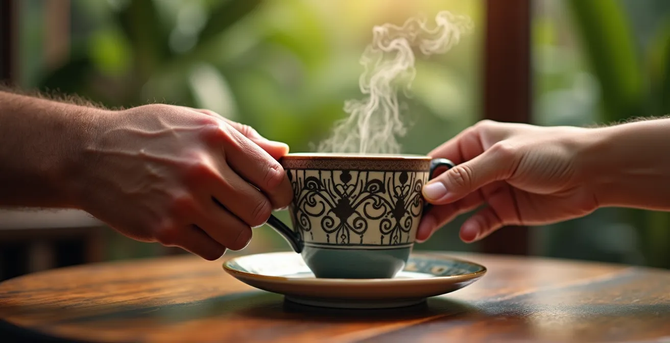 Serveur créole souriant prenant le temps d'échanger avec des clients dans un cadre tropical détendu