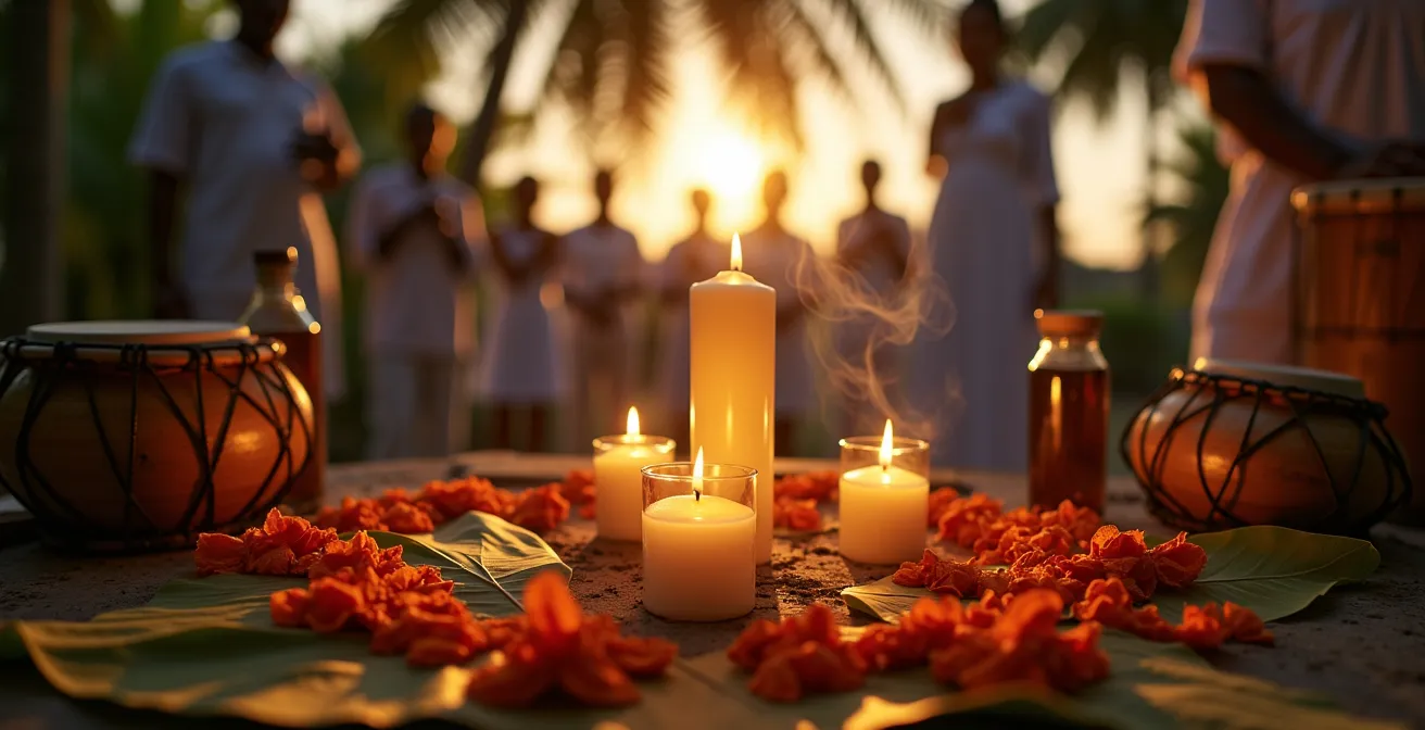 Cérémonie spirituelle créole avec offrandes traditionnelles et bougies dans une cour familiale au crépuscule