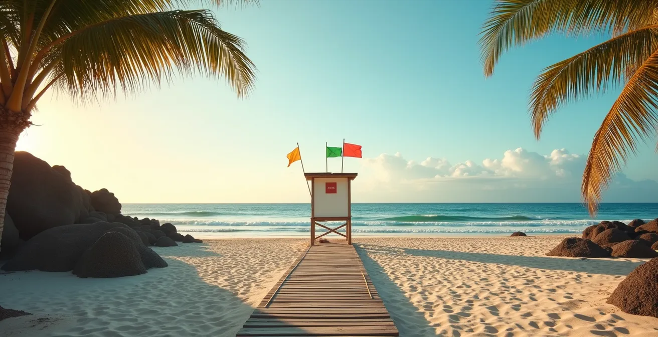 Poste de surveillance MNS avec drapeaux de baignade sur une plage de La Réunion