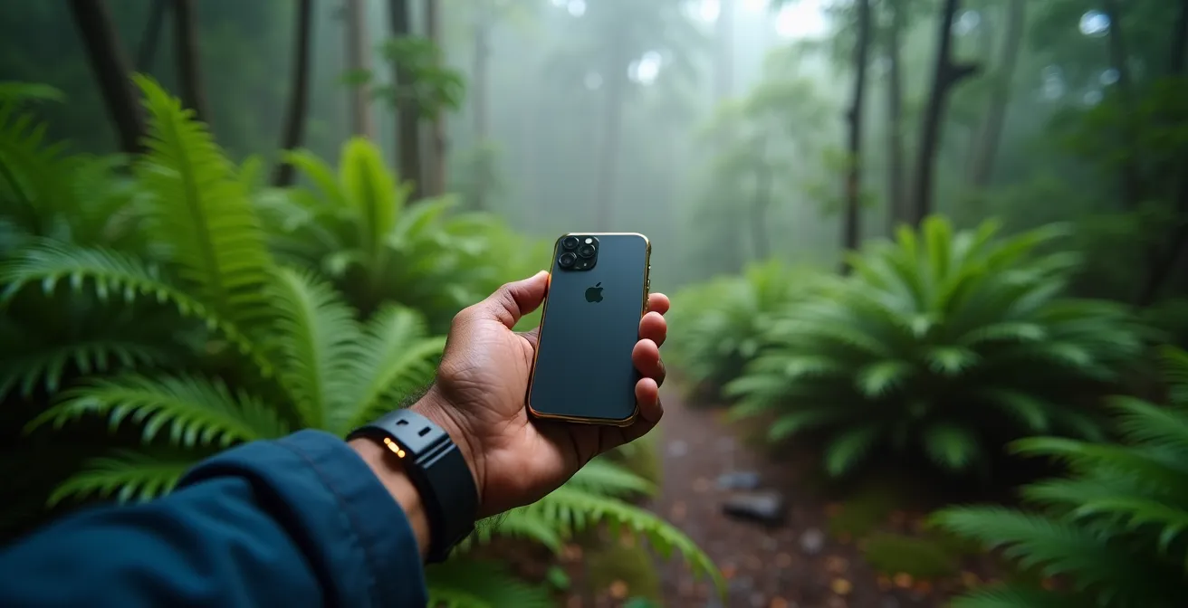 Main tenant un smartphone dos visible dans une forêt tropicale de La Réunion, fougères arborescentes en arrière-plan