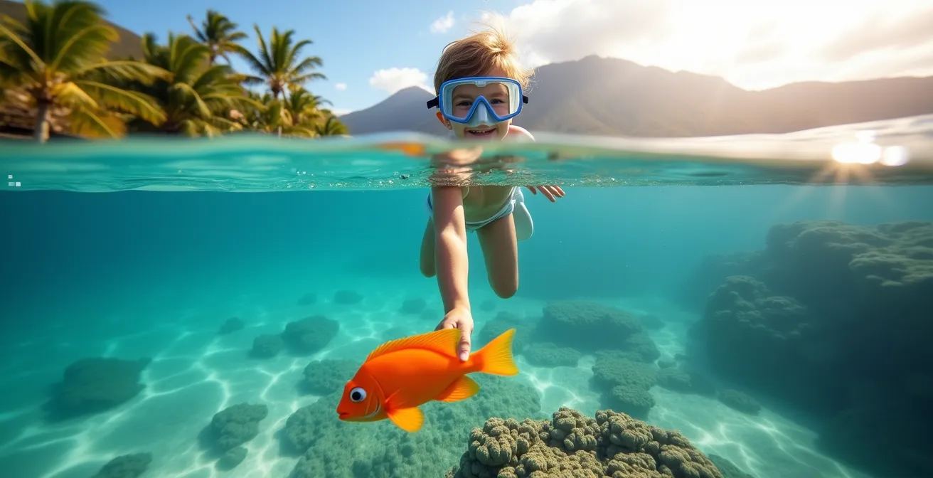 Famille pratiquant le snorkeling dans les eaux cristallines d'un lagon réunionnais