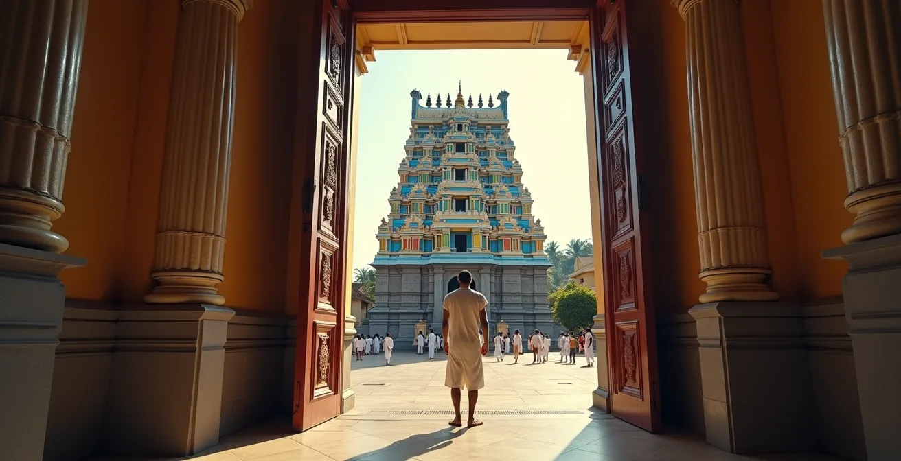 Visiteur respectueux devant l'entrée colorée d'un temple tamoul à La Réunion, pieds nus et vêtu de blanc