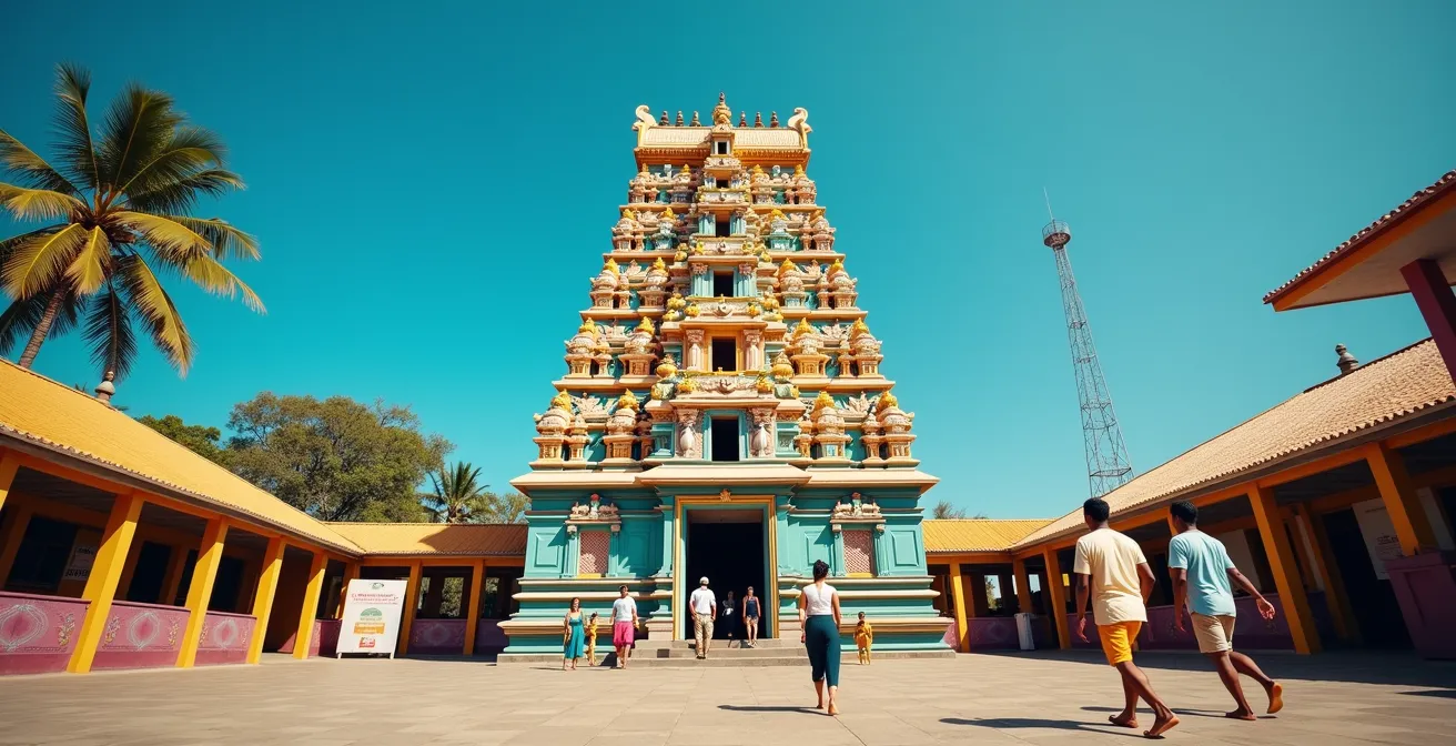 Vue respectueuse de l'architecture colorée d'un temple tamoul réunionnais avec des visiteurs en tenue appropriée