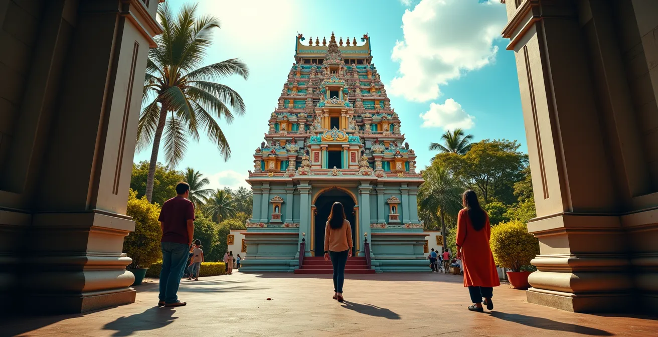 Visiteurs en tenue respectueuse devant un temple tamoul coloré, jambes et épaules couvertes