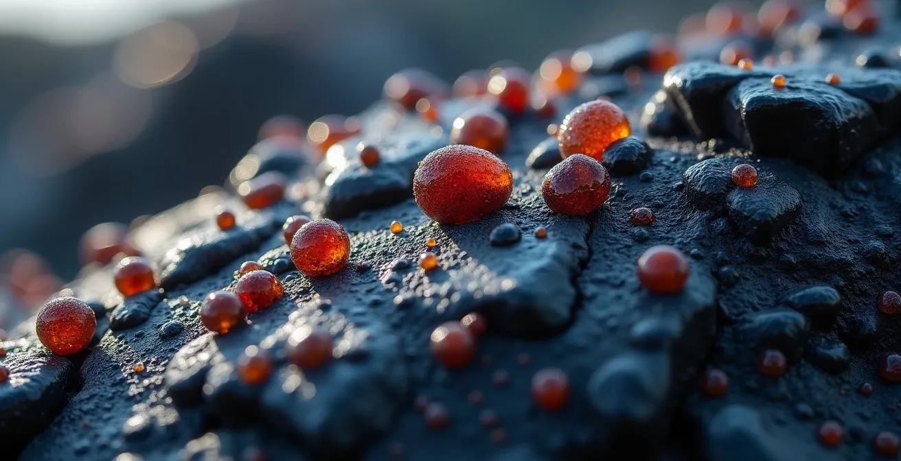 Gros plan macro sur la texture unique du basalte volcanique de La Réunion montrant les cristaux et les bulles caractéristiques