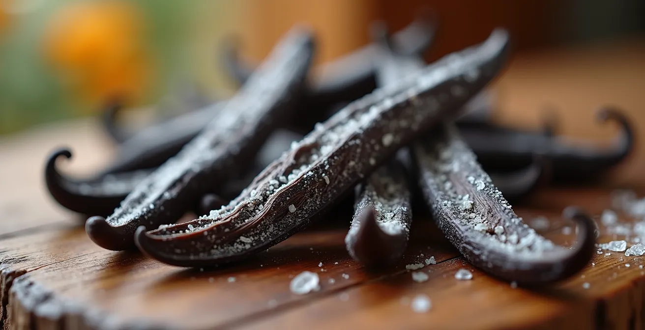 Gros plan sur des gousses de vanille Bourbon avec cristallisation naturelle visible