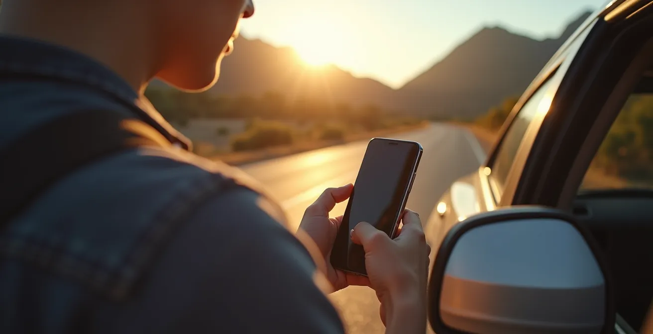 Conducteur consultant l'état du trafic sur son téléphone avant de prendre la route à La Réunion