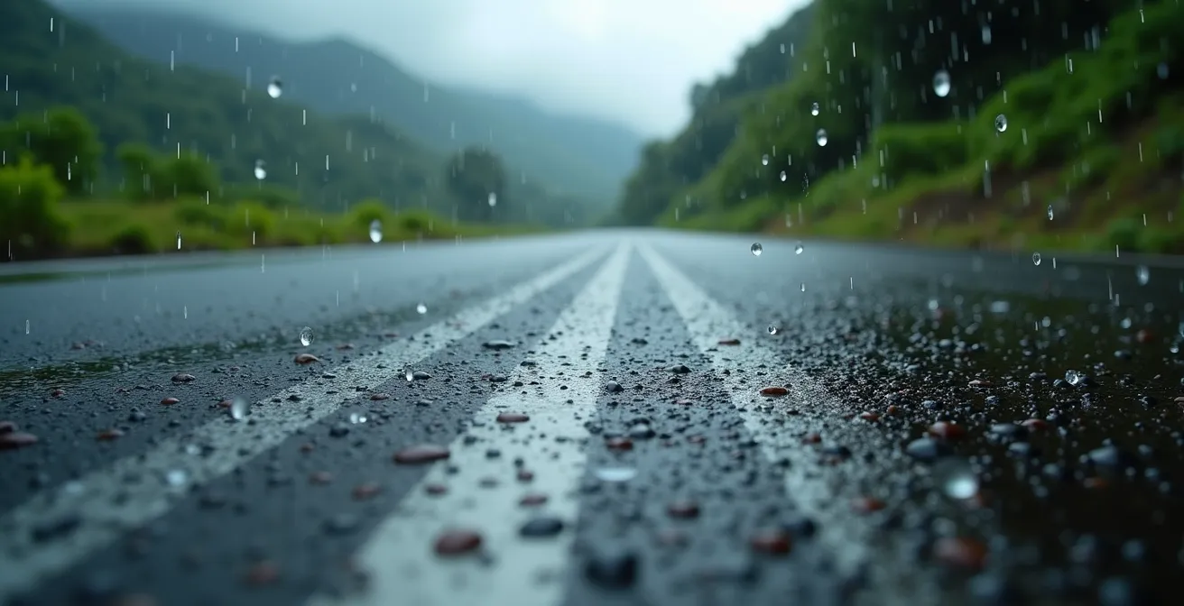 Route de montagne sous la pluie avec cascades temporaires dans la végétation tropicale