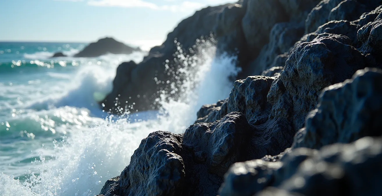 Falaises de basalte abruptes du sud sauvage de La Réunion avec vagues se brisant sur les roches volcaniques
